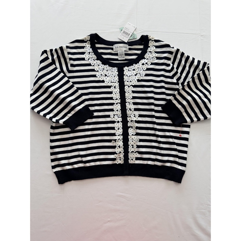 C.D. Petites Sweater Womens Petite XL Black White Stripe Floral Sequin Knit